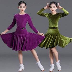 Girls kids purple Green velvet ballroom latin dance dresses juvenile modern salsa chacha rumba dance costumes smooth dance skirts for children