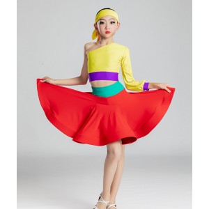 Girls kids rainbow colored latin dance dresses one inclined shoulder yellow green purple blue red modern dance latin performance cosutmes for girls