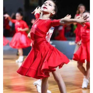 Girls kids red competition latin dance dresses children stage performance short sleeves rumba salsa chacha dress latin dance costumes
