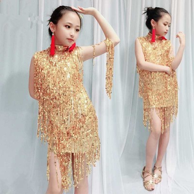 Girls kids red gold sequin fringes latin dance dresses salsa chacha dance dress