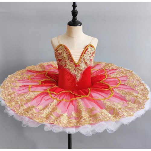 Girls kids red velvet ballet dance dresses tutu skirts ballerina ballet ...