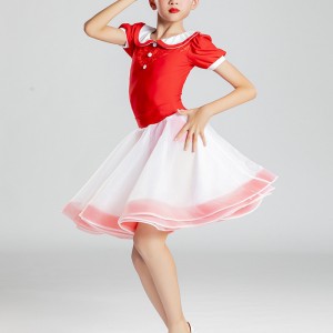 Girls kids Red with white competition latin dance dresses modern dance latin dance costumes for children birthday gift princess performance dress