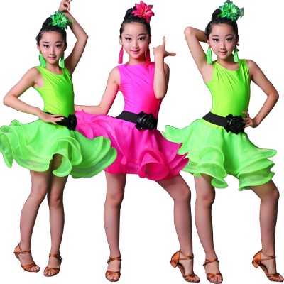 Girls Kids royal Blue hot pink green Latin dancing dress Ballroom Salsa Dance wear Wholesale modern Latin dance Outfits Party Stage costumes for girls