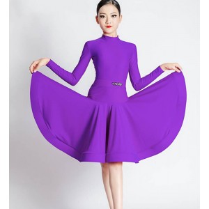 Girls kids royal blue red violet competition ballroom latin dance dresses long sleeves turtle neck juvenile modern ballroom latin dance costumes for children