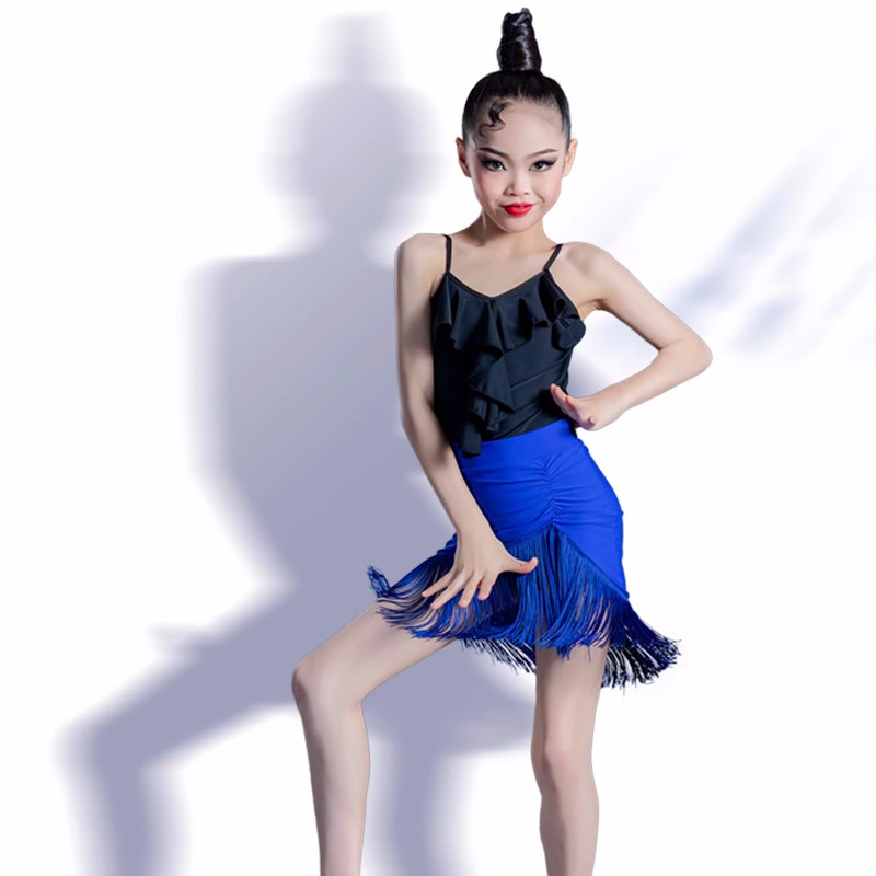 Girls kids royal blue white black fringe latin dance dresses for sale