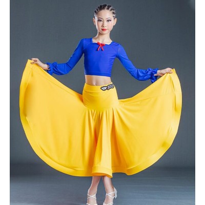 Girls kids royal blue with yellow ballroom dance dresses modern dance long length skirt for children tango foxtort stage performance ballroom dance outfits