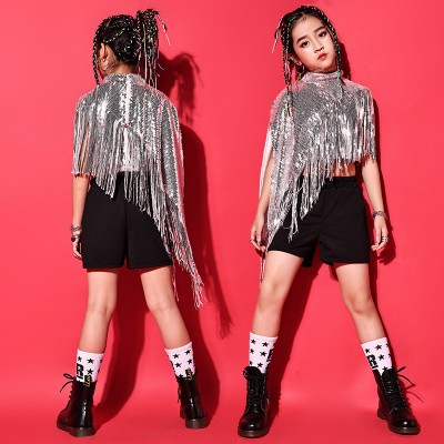 Girls kids Silver fringe sequined with black jazz dance costumes solo singers gogo dancers stage performance outfits hip-hop T-stage catwalk performance tide clothing for girls