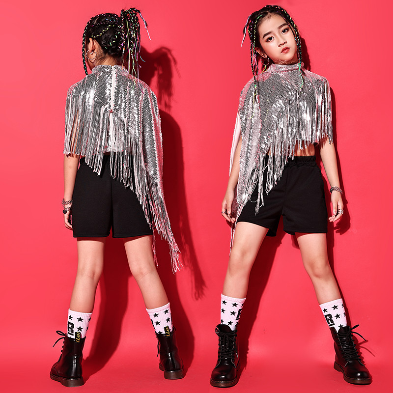 Girls kids Silver fringe sequined with black jazz dance costumes solo singers gogo dancers stage performance outfits hip-hop T-stage catwalk performance tide clothing for girls