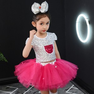 Girls kids toddlers silver with fuchsia sequins ballet dance costumes tutu skirts modern choir kindergarten stage performance outfits princess dress for baby