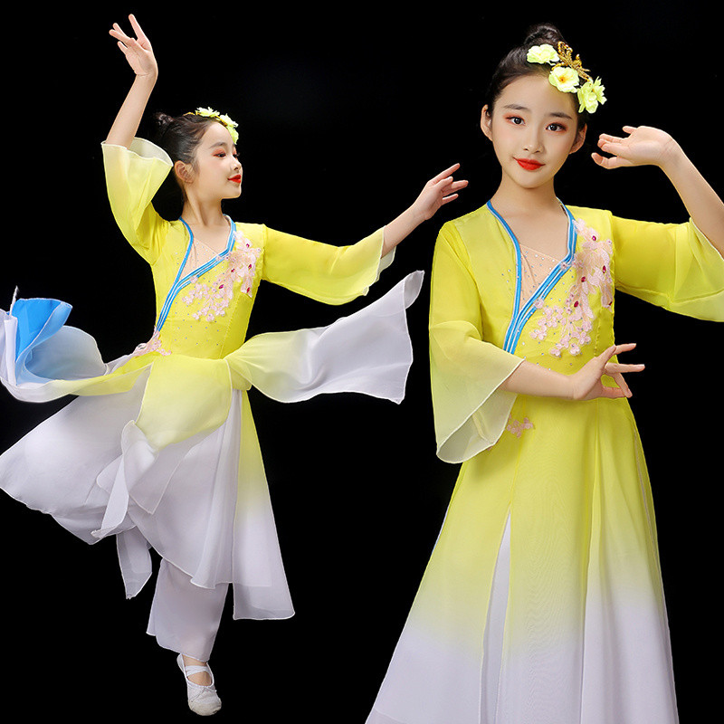 Girls kids traditional classical folk dance costumes Children yellow green colored Fan Dance Chinese Umbrella Dance dresses Yangko Dance Performance Costume