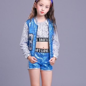 Girls kids turquoise silver sequin jazz hiphop dance costumes street cheerleaders modern dance school competition stage performance outfits