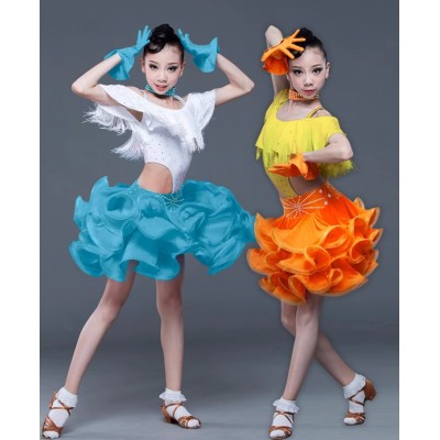 Girls kids turquoise yellow fringe latin dance dresses competition salsa rumba chacha ballroom stage performance costumes for children