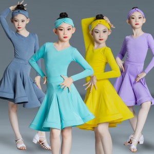 Girls kids turquoise yellow purple silver latin dance dresses competition practice ballroom salsa latin performance outfits for children