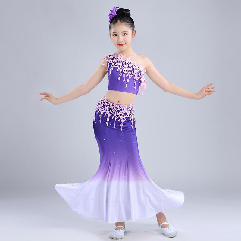 Girls kids violet chinese folk dance costumes peacock dance dress children belly dance costumes