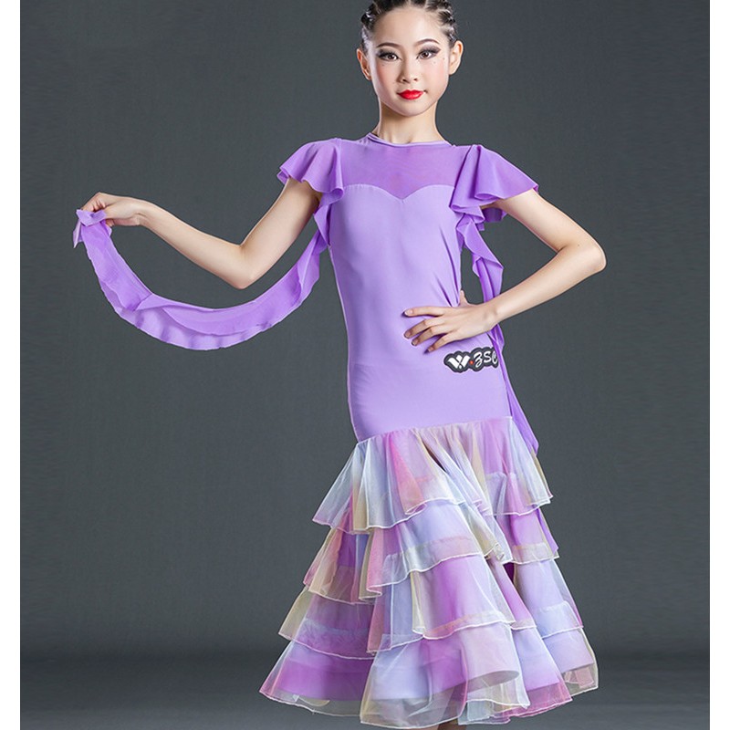 Girls kids violet purple ballroom dance dresses ballroom dancing costumes for children