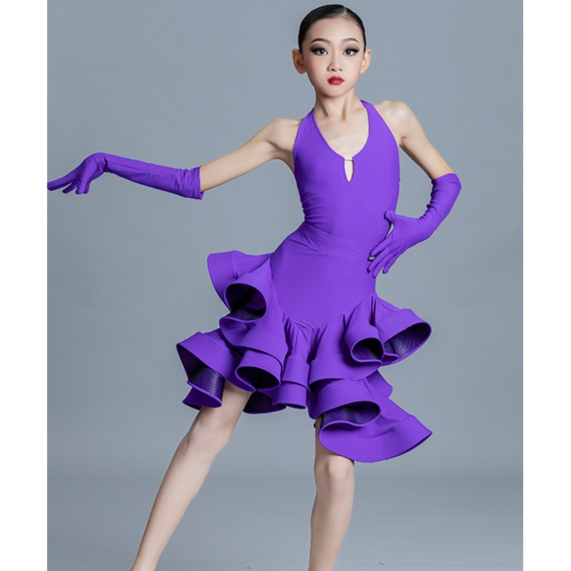 Girls kids violet ruffles ballroom latin dance dresses modern salsa chacha performance outfits for children with gloves