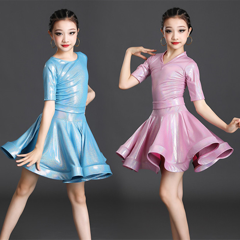Girls kids white blue pink paillette latin dance dresses short sleeves ...