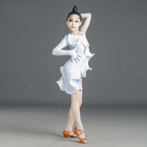 Girls kids white color latin dance dresses ruffles front fashion one shoulder latin salsa chacha dance costumes for girls