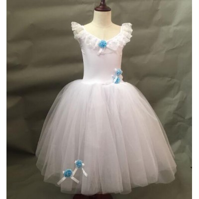 Girls kids white colored princess ballet dress long length stage performance competition ballet costumes dress