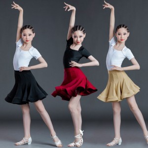 Girls kids white gold wine black colored latin dance dress short sleeves modern ballroom latin performance outfits for children