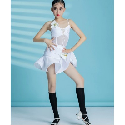 Girls kids white lace ballroom latin dance dresses salsa rumba chacha stage performance costumes modern dance outfits for children