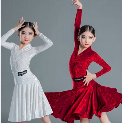 Girls kids White Wine Velvet Latin Dance Dresses Professional Standard Salsa Balloom Latin Performance Costumes For Children