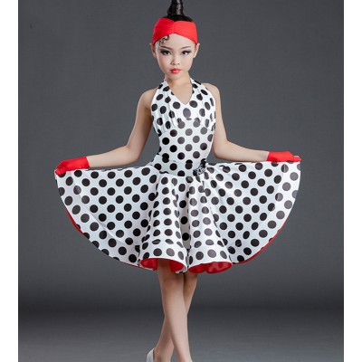 Girls kids white with black polka dot competition latin dance dress halter neck with red headband and red gloves stage performance latin costumes