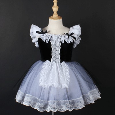 Girls kids white with black tutu skirt modern ballet dance dresses Lace princess dress for children Lolita court style maid cosplay stage performance costume