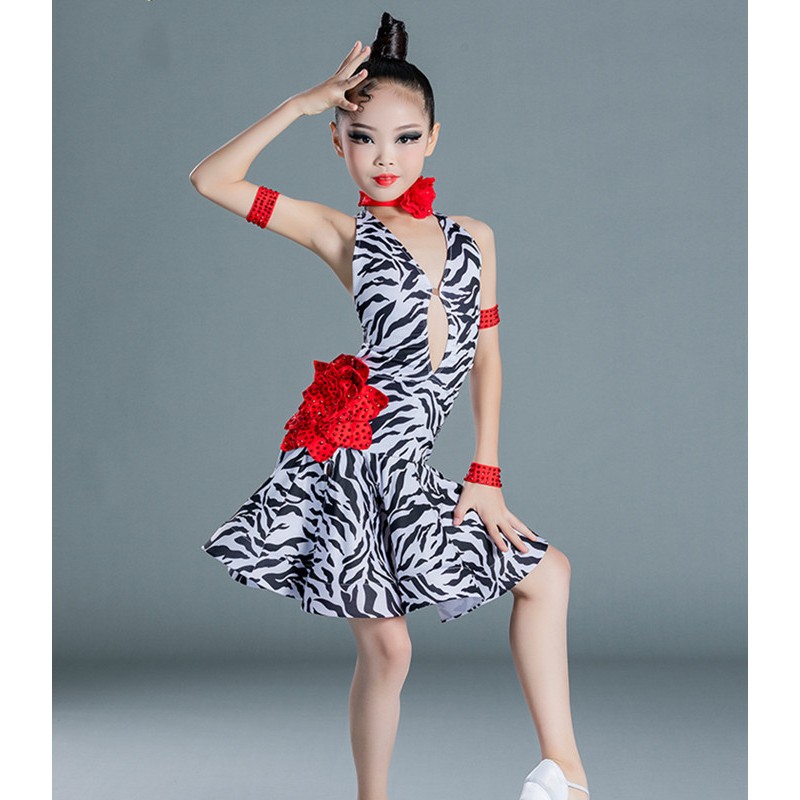 Girls kids white zebra printed latin dance dresses with diamond fashion competition latin dance costumes with red rose flowers for children