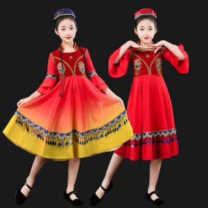 Girls kids Xinjiang dance costumes children minority chinese folk dance dresses Uyghur and Kazakh ethnic minority dance clothes