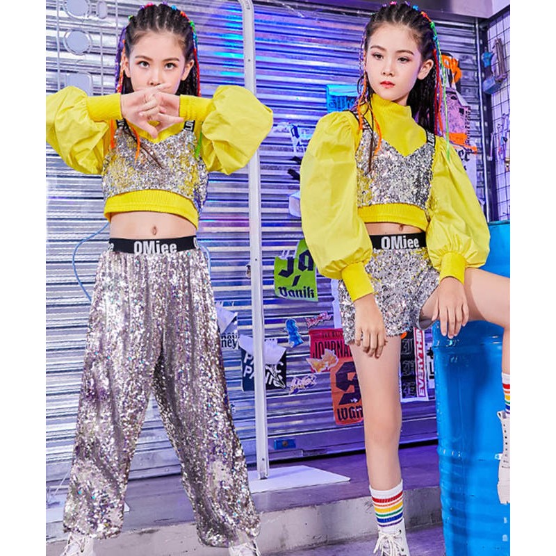 Girls Kids yellow with silver sequined rapper singers street dance jazz dance costume model show catwalk sequin suit gogo dancers outfits