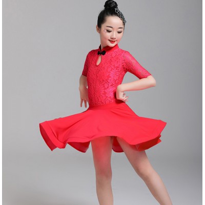 Girls lace latin dance dresses stage performance  leotard top and skirts competition professional samba chacha rumba dance dresses