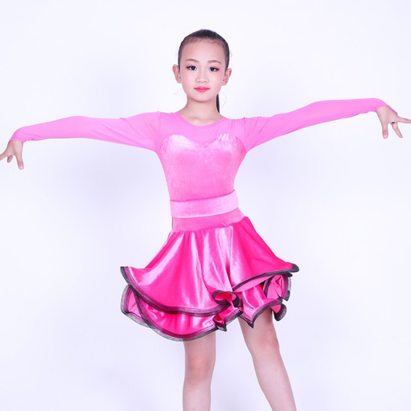 Girls latin ballroom dress velvet pink competition long sleeves stage performance professional rumba chacha salsa dancing costumes 