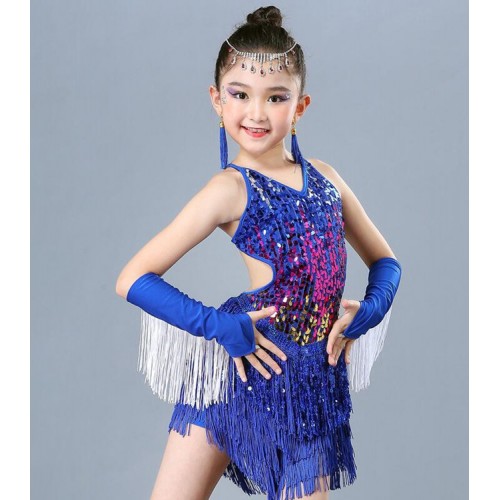 Girls latin dance dresses blue fringes tassels modern dance rumba chacha dance dress skirts
