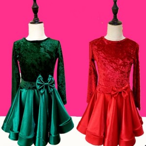 Girls latin dance dresses children dark green red velvet long sleeves competition ballroom dance dresses
