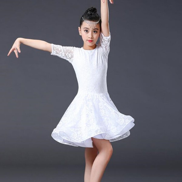 Girls latin dance dresses kids children white lace stage performance  professional salsa rumba chacha dance skirts costumes- Material:polyester(