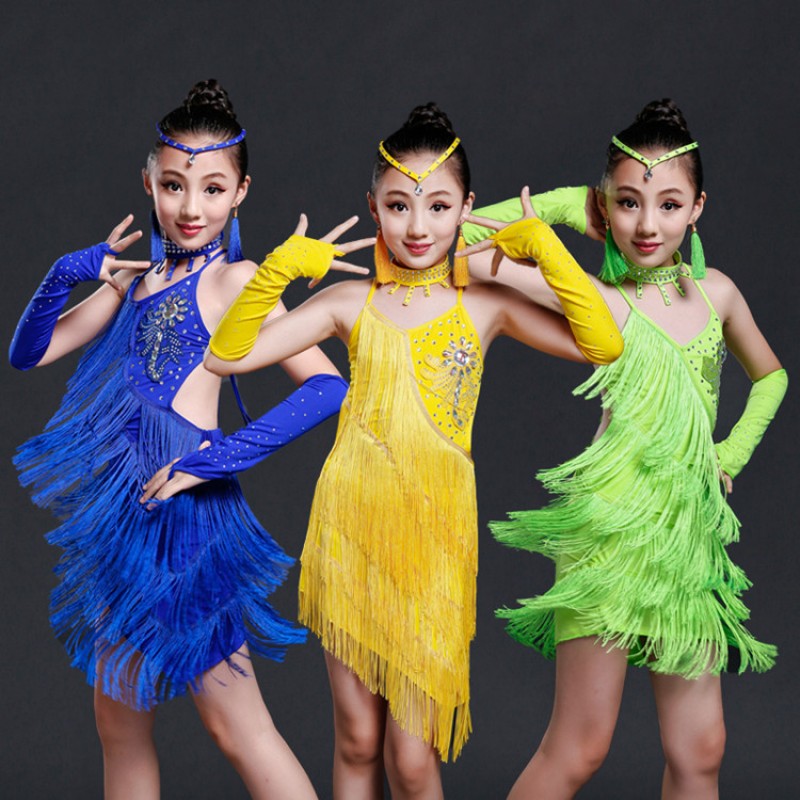 Girls latin dresses fringes green yellow royal blue stage performance salsa chacha rumba competition dancing costumes