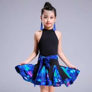 Girls latin dresses kids children royal blue floral competition salsa chacha rumba dancing costumes