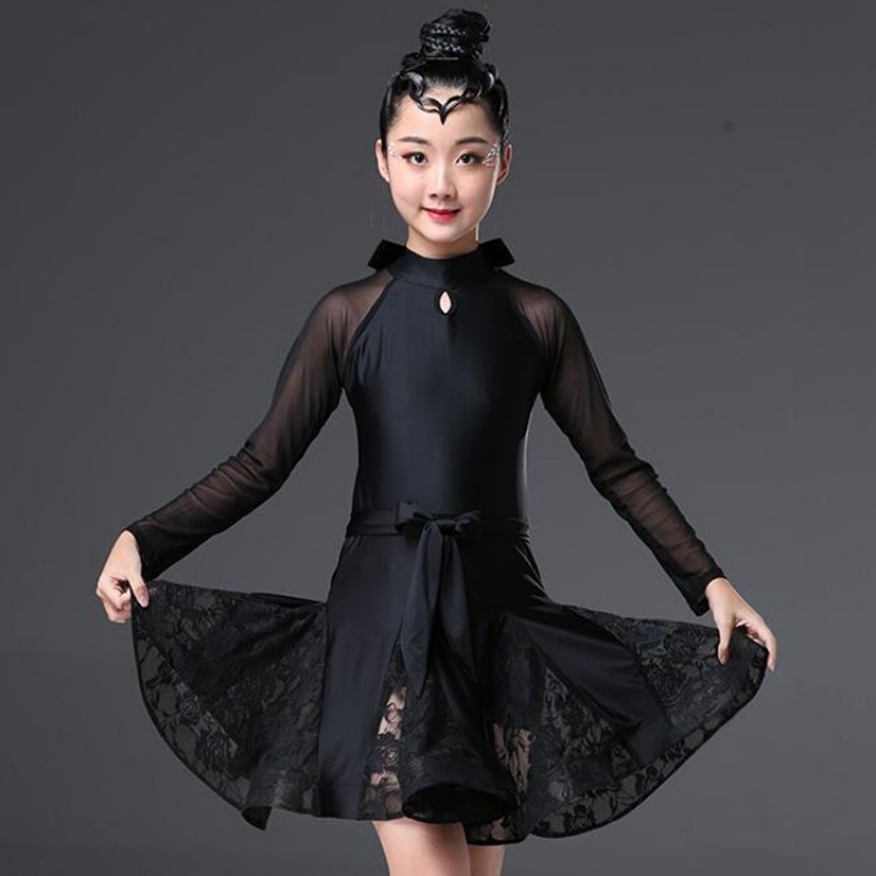 Girls latin dresses lace black long sleeves children stage performance ballroom salsa rumba samba competition dress