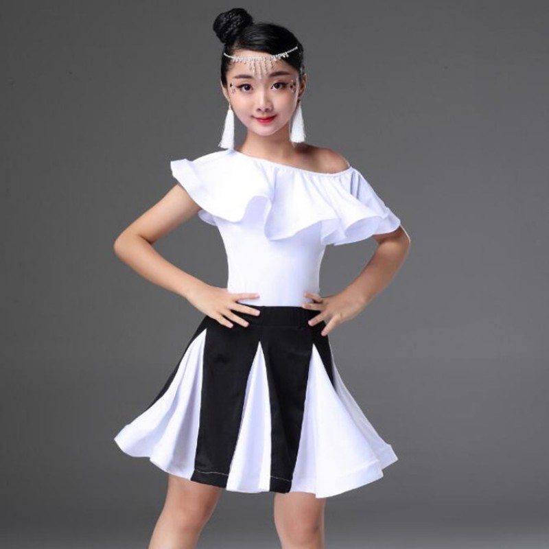 Girls latin dresses tops and skirts white and black stage performance competition salsa chacha rumba dancing costumes