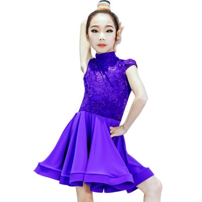 Girls latin dresses  violet lace competition ballroom dresses stage performance rumba salsa chacha  dancing costumes dancewear