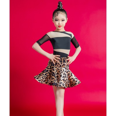 Girls Leopard Latin Dance Dresses kids latin performance clothing modern salsa rumba chacha dance outfits for children