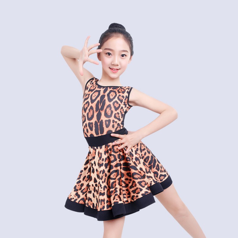 Girls leopard latin dresses kids children backless competition exercises stage performance salsa rumba chacha dancing costumes
