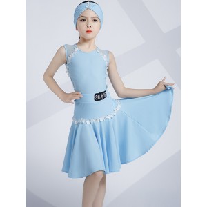 Girls light blue white lace ribbon latin dance dresses for children kids ballroom latin stage performance practice outfits modern dancewear for kids with headband