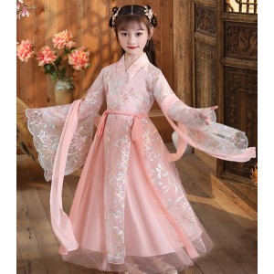 Girls light pink Hanfu Fairy Dress Children's Chinese Style Ancient folk Costume  Embroidered princess empress Queen cosplay Dress Tang Suit