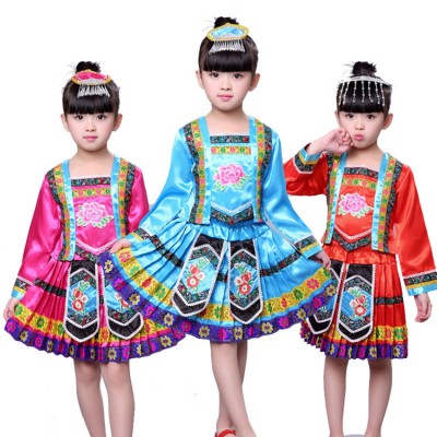 Girls miao Hmong Chinese folk dance dresses stage performance drama cosplay costumes with head piece
