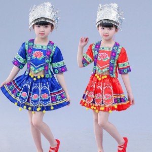 Girls miao hmong dance costumes red blue yellow kids chinese folk dance costumes dresses 