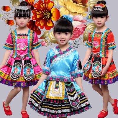 Girls miao hmong stage performance dresses for kids Chinese folk dance costumes