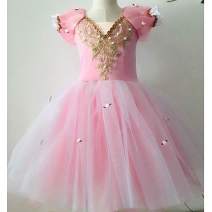 Girls modern dance ballet dresses light pink colored stage performance long length tutu dress for kids children