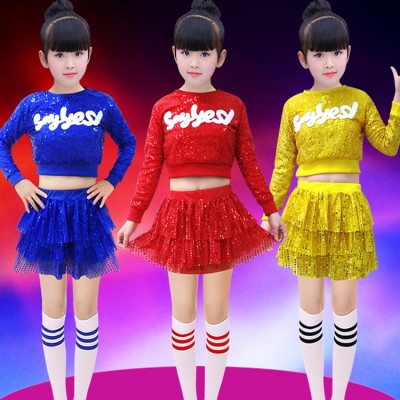 Girls modern dance jazz stage performance costumes paillette cheerleaders gold blue hiphop street gogo dancing dress for girls